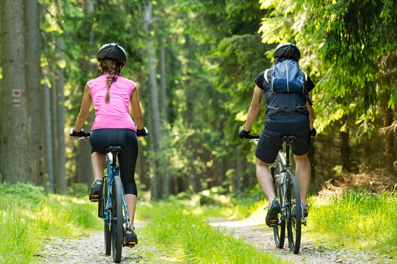 Motociclistas na floresta andando de bicicleta na pista vistos por trás